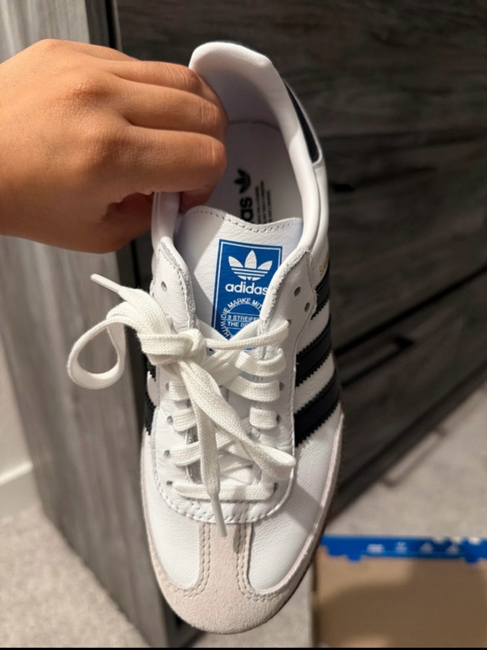 adidas Kids White & Black Samba Sneakers with Blue Tongue Logo